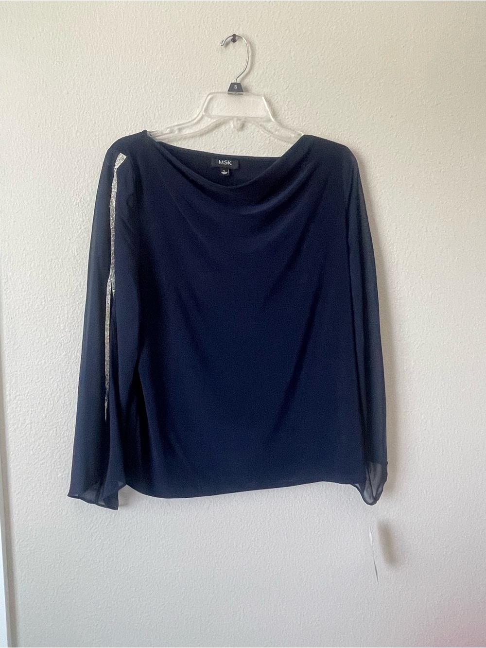 MSK Women's Cowl Neck Rhinestone Top,  navy, size large. NWT